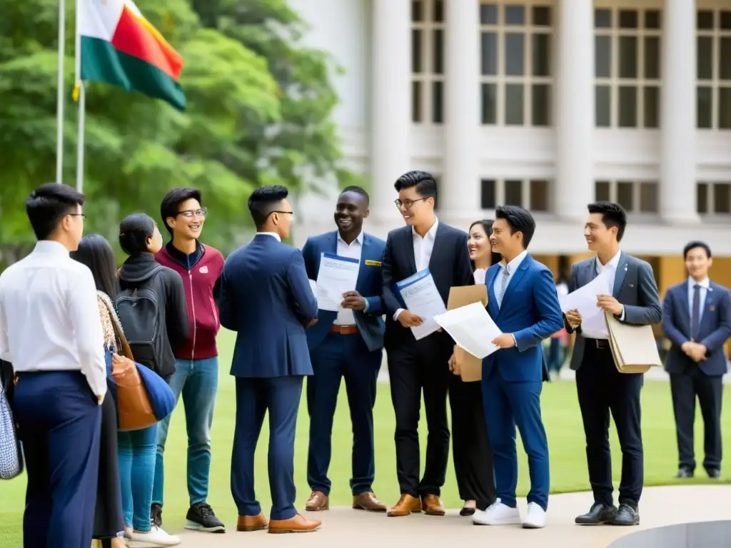 Un grupo diverso de estudiantes espera en la embajada de Asia para el proceso visado estudiante Asia, con emociones de esperanza y determinación