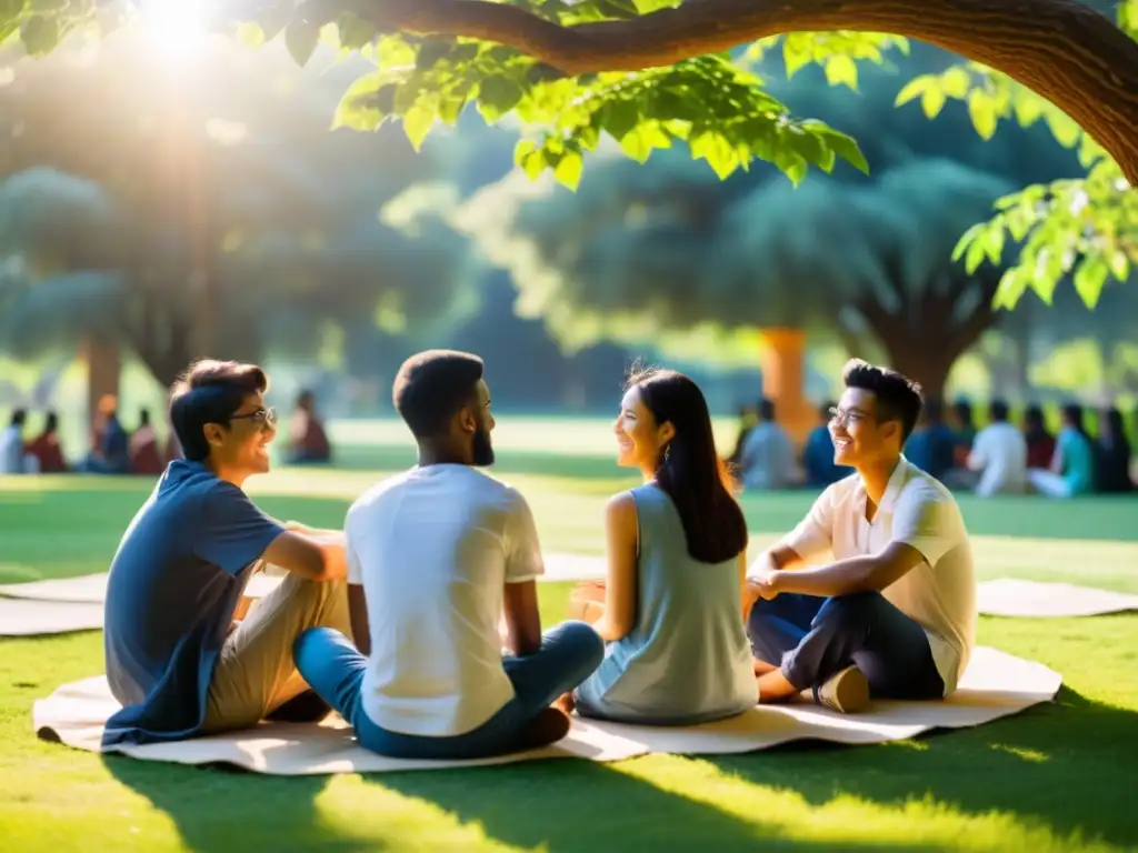 Grupo diverso de estudiantes discuten las Enseñanzas de la Filosofía Advaita al aire libre, en un ambiente cálido y animado