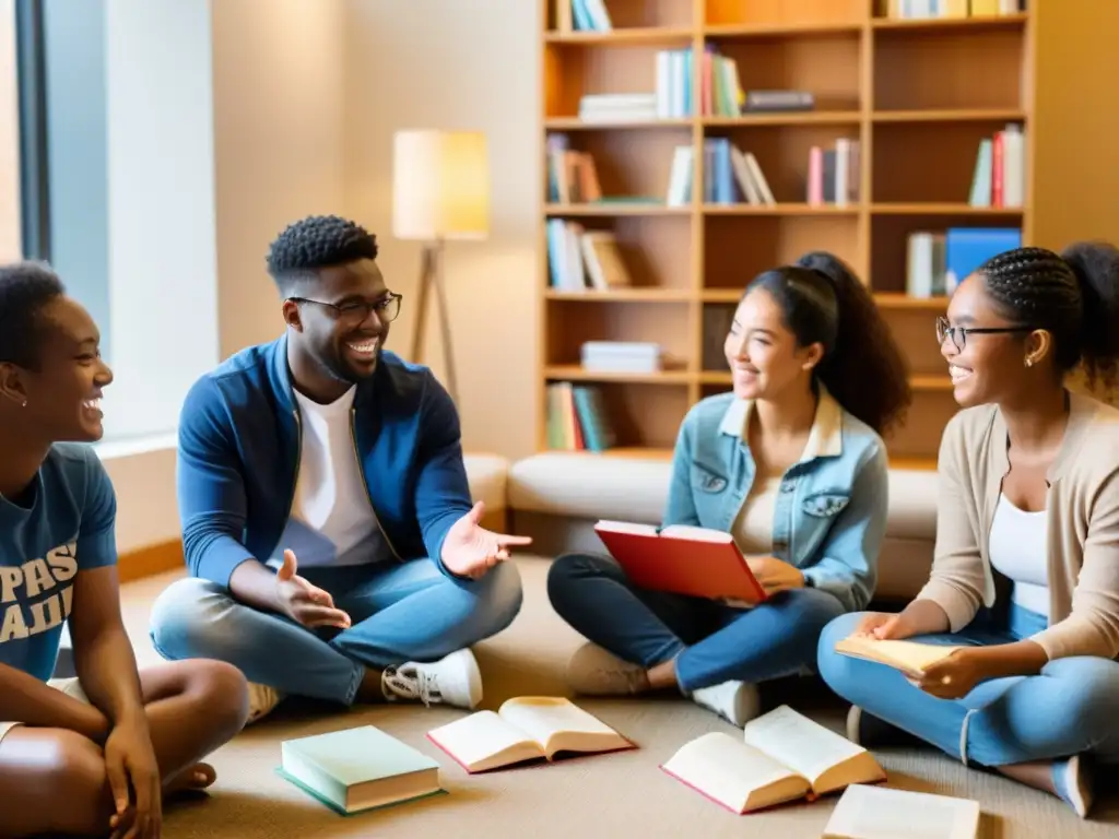 Grupo diverso de estudiantes entusiasmados discuten becas para estudiar en Asia, rodeados de libros y laptops