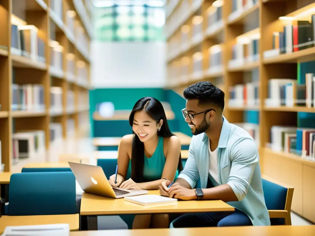 Un grupo diverso de estudiantes colabora en una moderna biblioteca universitaria en Asia, rodeados de recursos académicos