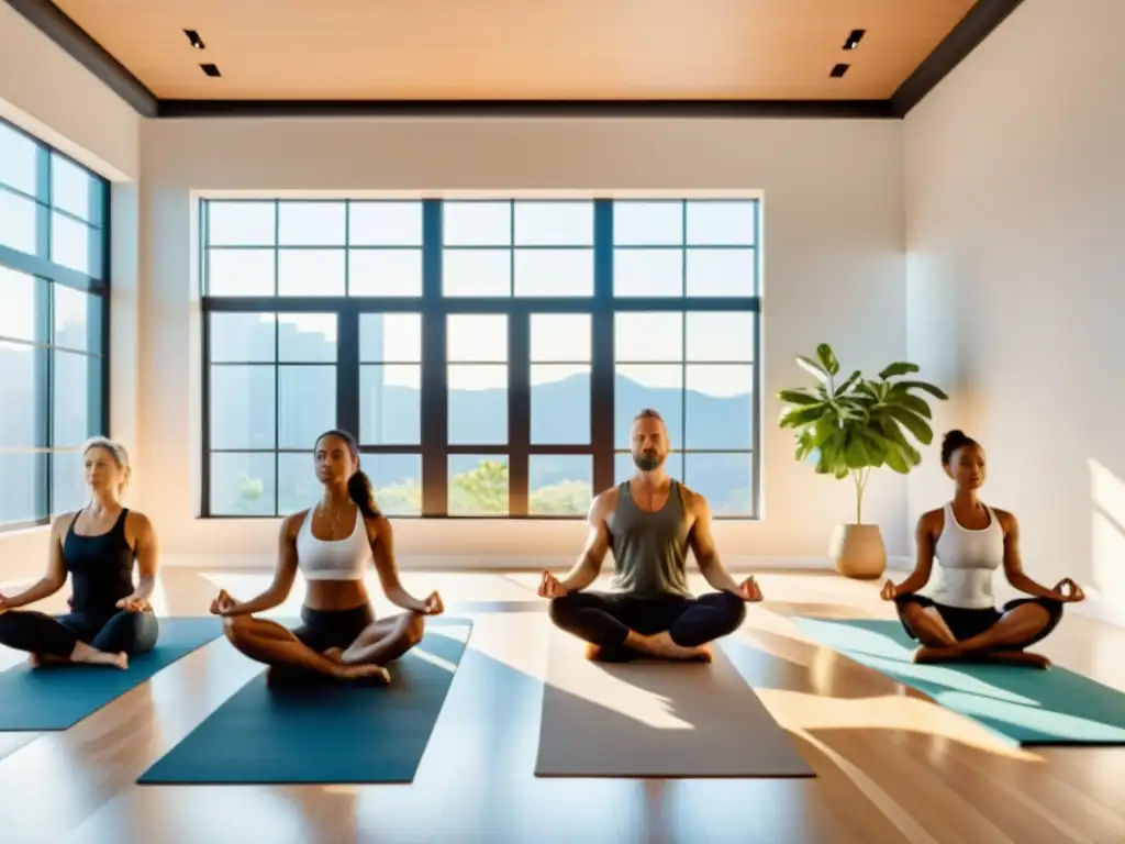 Un grupo diverso practica yoga en un estudio moderno con decoración minimalista y luz natural