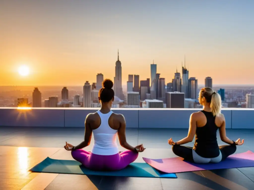 Un grupo diverso practica yoga en un estudio urbano contemporáneo al atardecer, creando una atmósfera serena y armoniosa