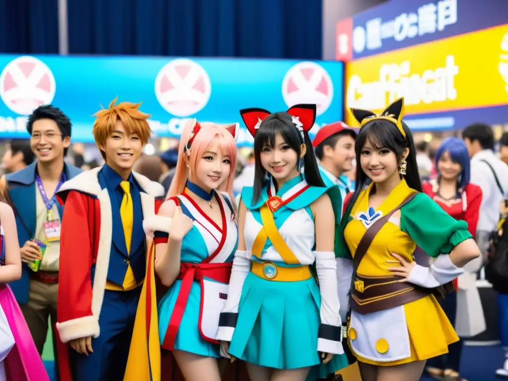 Grupo diverso de fans de anime en convención, vistiendo coloridos cosplays