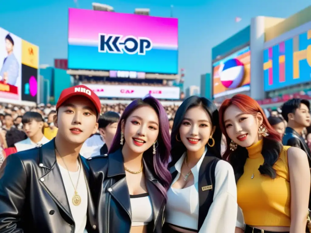 Un grupo diverso de fans apasionados del Kpop se reúne en una plaza de la ciudad, vistiendo atuendos inspirados en el Kpop