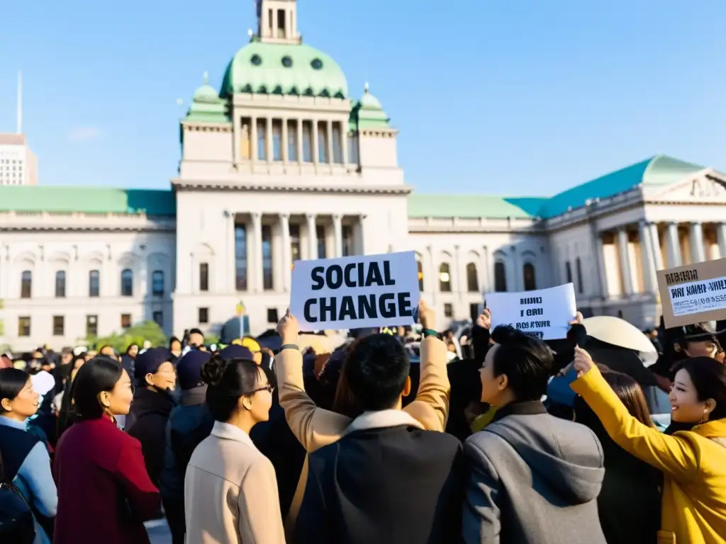 Un grupo diverso de fans apasionados se reúnen frente al ayuntamiento, sosteniendo pancartas con mensajes de empoderamiento y unidad, inspirados por series asiáticas