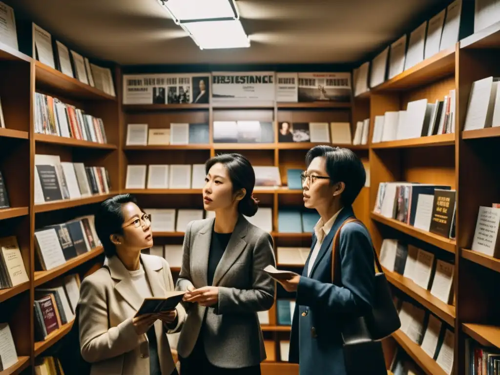 Un grupo diverso se reúne en una habitación llena de libros y carteles sobre resistencia coreana