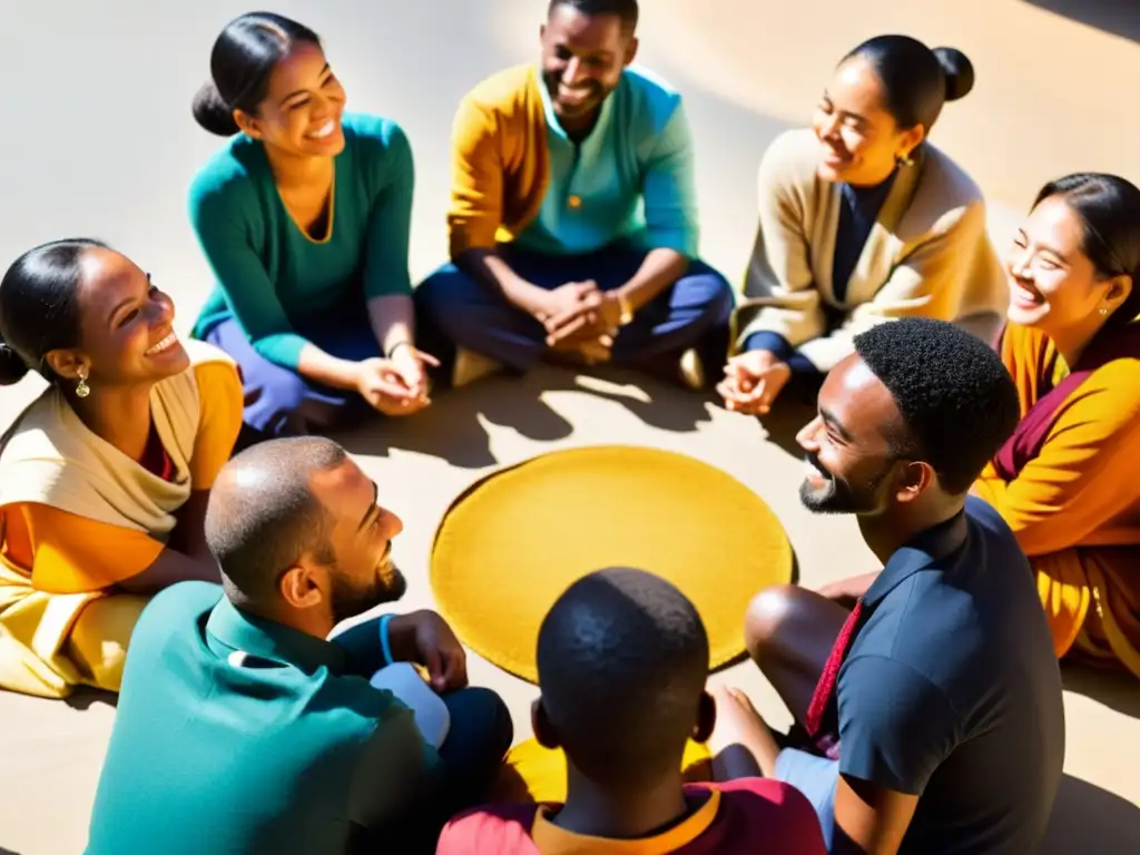 Grupo diverso conversa con los cuatro inmensurables en la filosofía asiática, compartiendo sonrisas bajo la cálida luz del sol