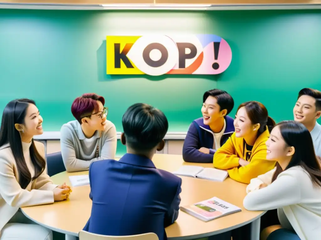 Un grupo diverso de jóvenes apasionadamente aprendiendo coreano con KPop en un aula moderna y bien iluminada, exudando entusiasmo y compromiso