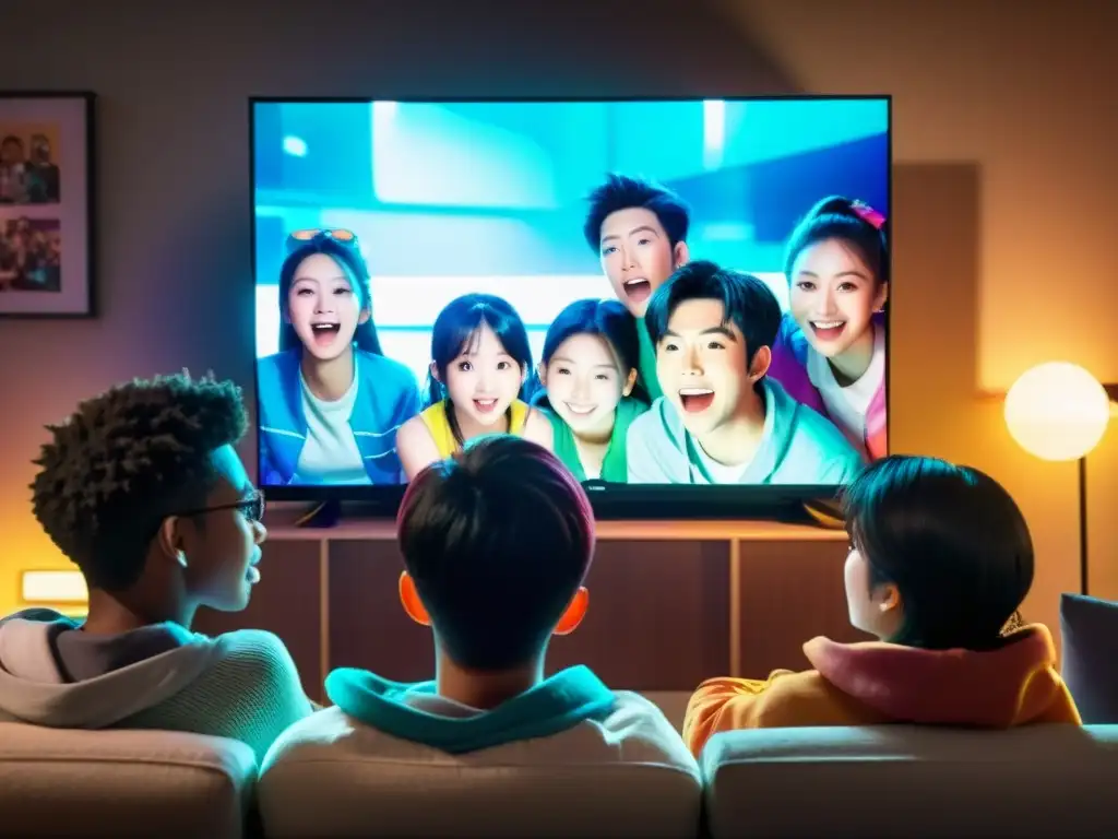 Un grupo diverso de jóvenes se reúne en una habitación con luz tenue para ver anime en una plataforma de streaming