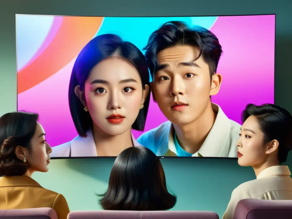 Un grupo diverso de jóvenes se emociona viendo una serie coreana en la televisión