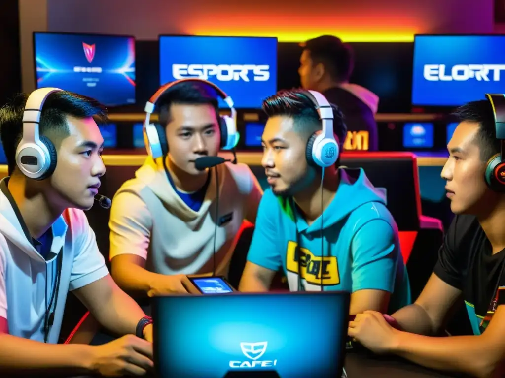 Grupo diverso de jugadores filipinos compiten en un animado cibercafé en Manila, mostrando cómo los eSports como herramienta de unidad nacional