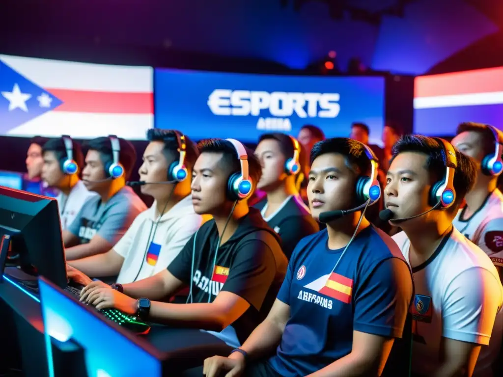 Un grupo diverso de jugadores filipinos se reúne en un bullicioso arena de eSports, con la mirada fija en la intensa acción en las pantallas