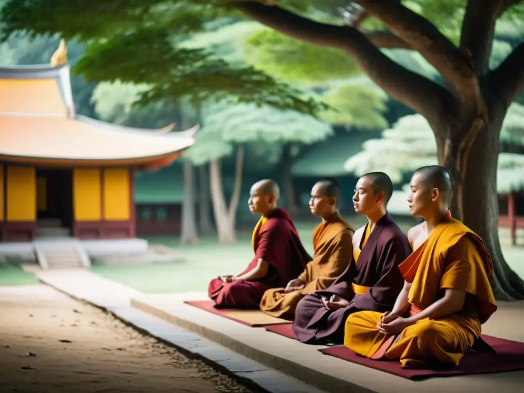 Un grupo diverso practica meditación en un monasterio budista occidental, con el guía sereno