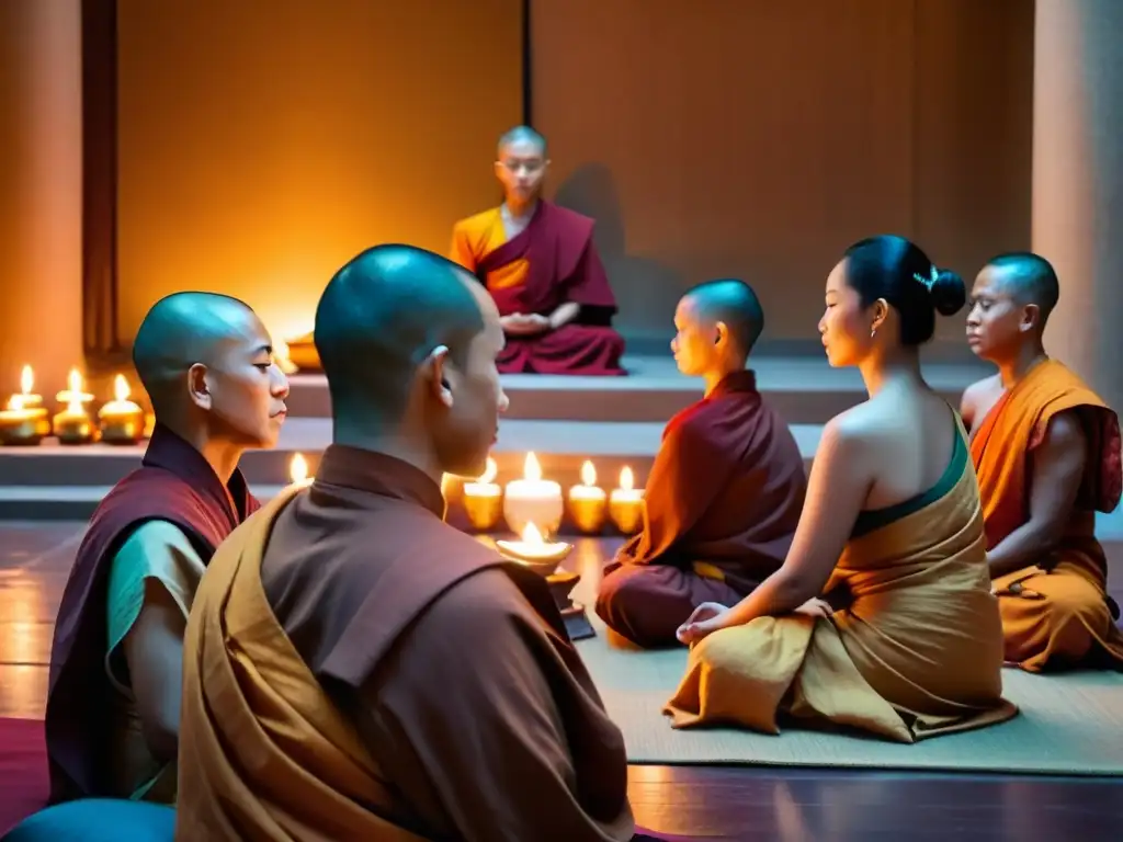 Grupo diverso de monjes budistas en meditación y oración en un templo tranquilo, con decoraciones tradicionales y una atmósfera serena