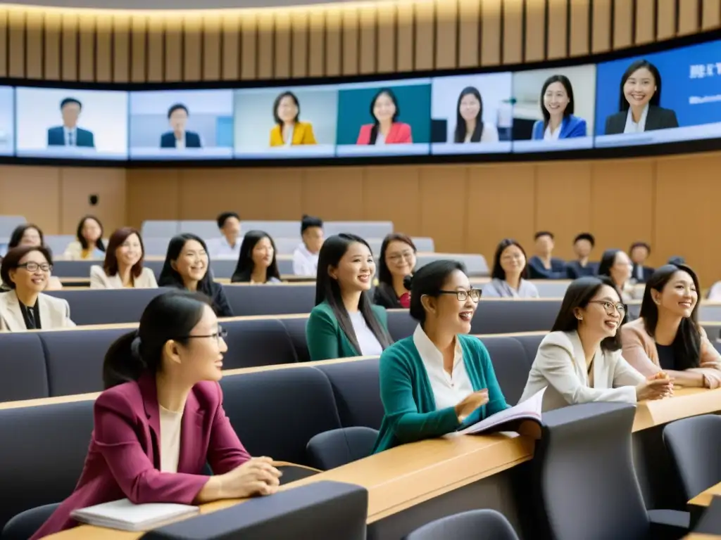 Grupo diverso de mujeres en animada discusión en una moderna aula universitaria asiática