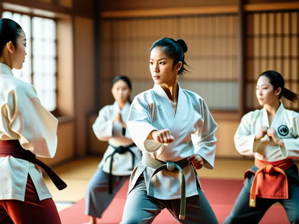Mujeres poderosas: entrenamiento de artes marciales Grupo diverso de mujeres practicando artes marciales en un dojo tradicional, mostrando empoderamiento y determinación