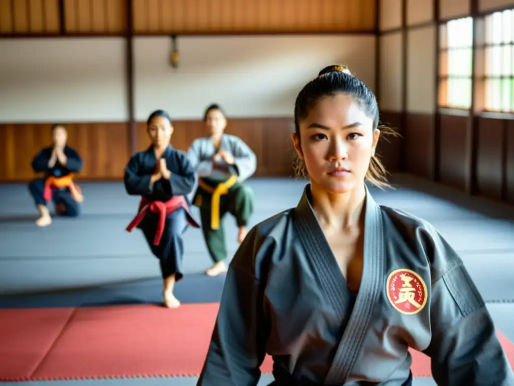 Mujeres empoderadas en el dojo: fuerza y unidad en las artes marciales Grupo diverso de mujeres practican artes marciales asiáticas en un dojo iluminado naturalmente, mostrando empoderamiento y unidad