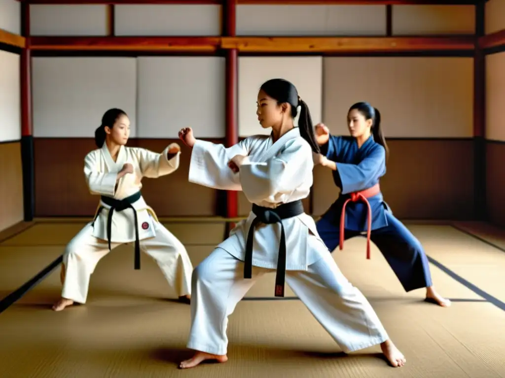 Grupo diverso de mujeres practicando artes marciales en un dojo tradicional, desafiando la tradición