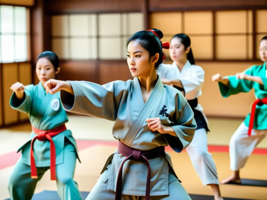 Mujeres poderosas en un dojo de artes marciales Grupo diverso de mujeres practicando artes marciales asiáticas en un dojo tradicional, creando un ambiente de empoderamiento y fuerza femenina