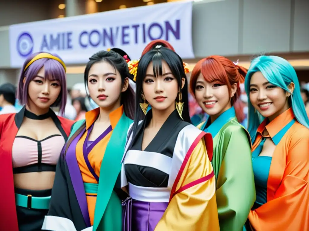 Grupo diverso de mujeres asiáticas cosplay como personajes femeninos fuertes en anime, representación femenina en anime contemporáneo