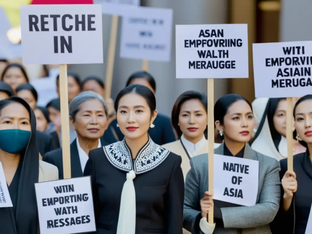 Grupo diverso de mujeres asiáticas en manifestación con mensajes de empoderamiento en sus idiomas nativos, representando avances derechos mujeres Asia