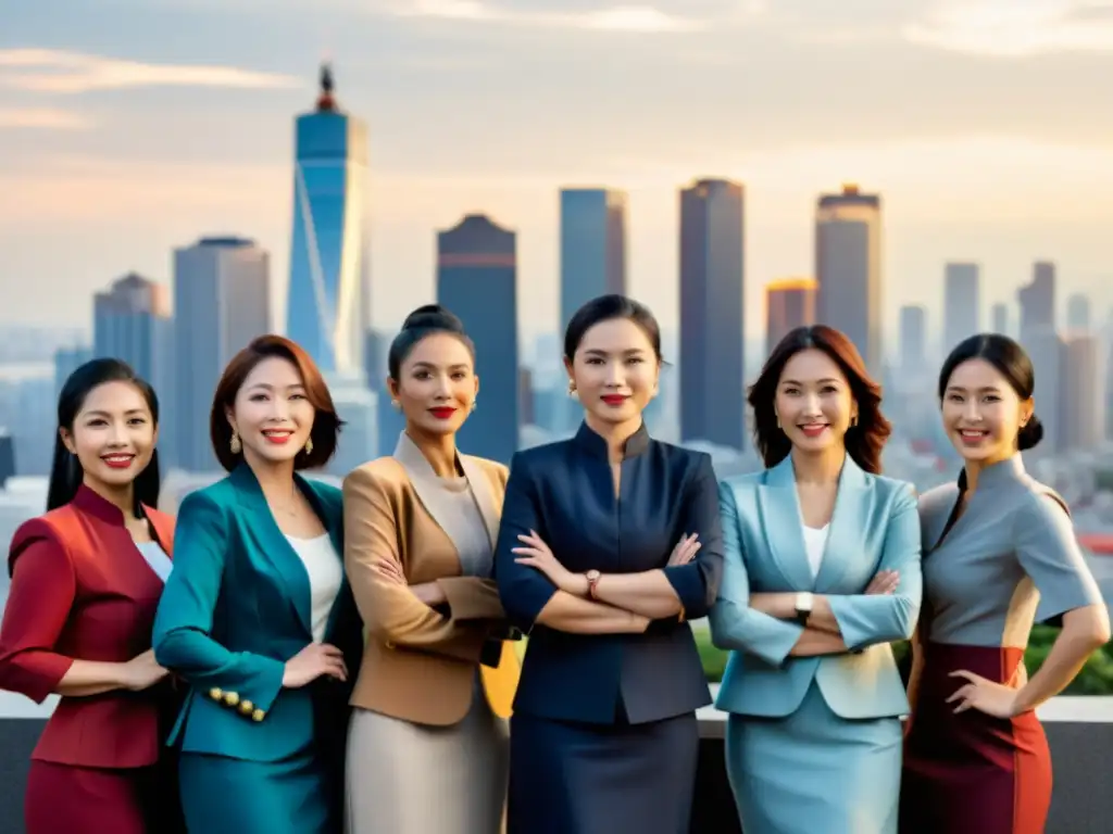 Un grupo diverso de mujeres asiáticas, vistiendo ropa moderna y tradicional, posando con confianza y empoderamiento frente al horizonte de la ciudad