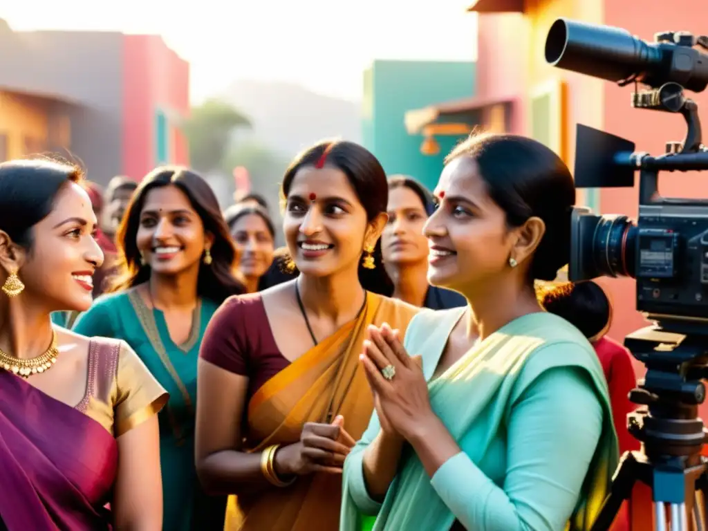 Grupo diverso de mujeres cineastas y actrices indias se reúnen en un set vibrante, expresando determinación y solidaridad