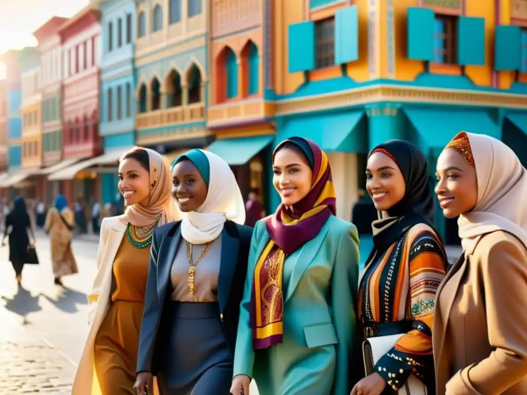 Un grupo diverso de mujeres camina con confianza por una bulliciosa calle de la ciudad, luciendo hermosos hijabs