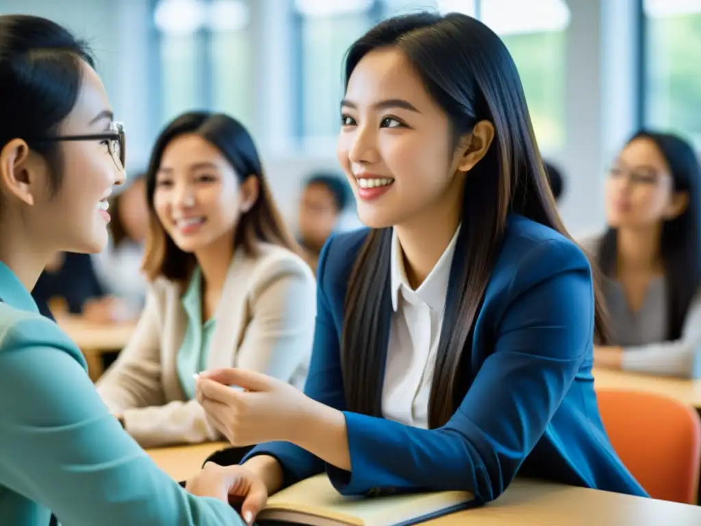 Grupo diverso de mujeres participan activamente en la experiencia mujer educación superior asiática en aula universitaria moderna y vibrante