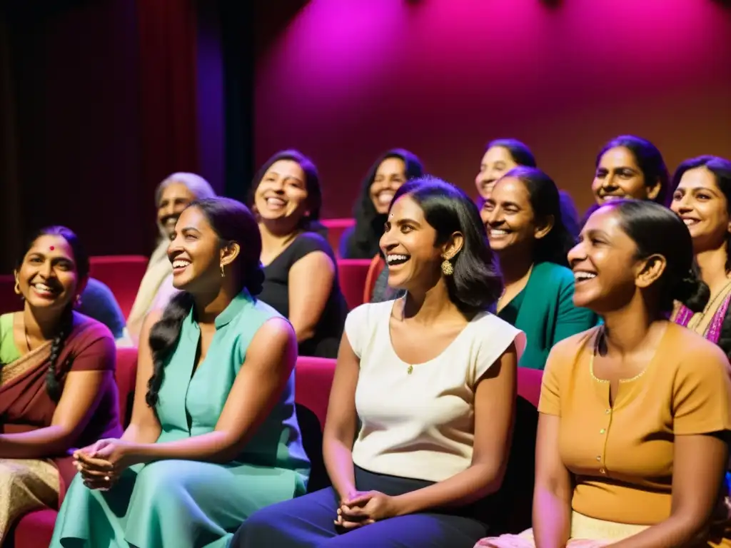 Un grupo diverso de mujeres indias sonríe y comparte en un vibrante teatro tras ver 'Monólogos de la vagina'