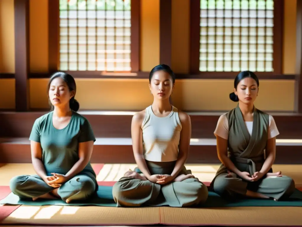 Un grupo diverso de mujeres medita juntas en un templo budista, transmitiendo serenidad y conexión espiritual