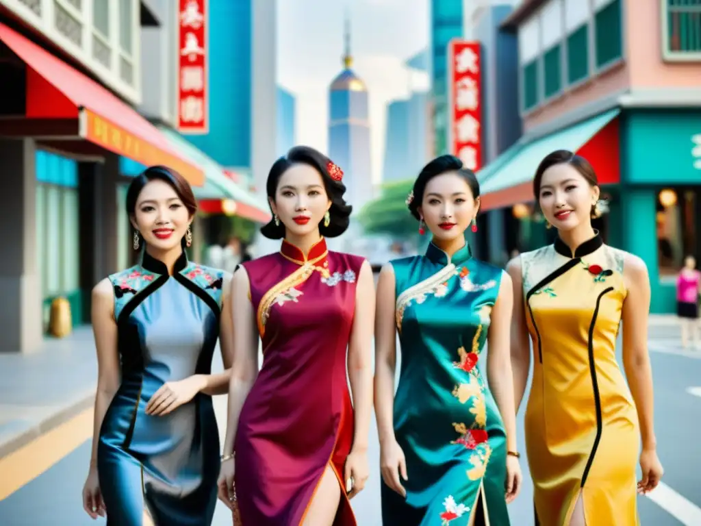 Un grupo diverso de mujeres modernas y seguras usa vestidos actualizados de cheongsam en una bulliciosa calle de la ciudad