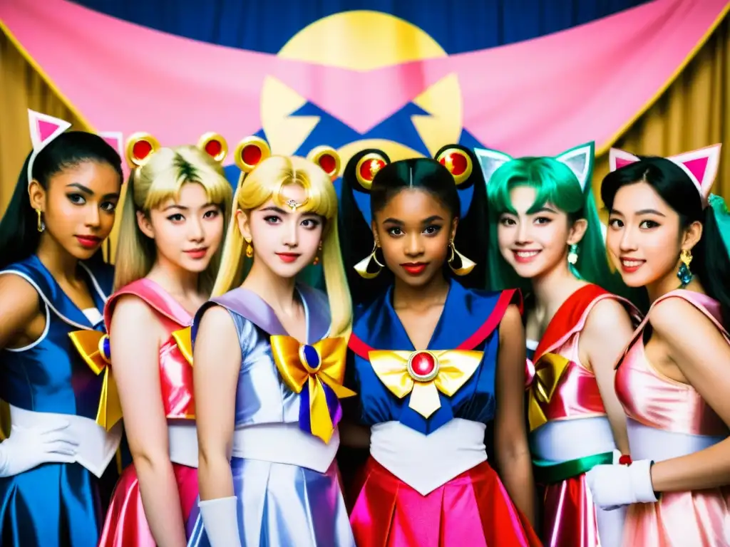 Un grupo diverso de mujeres y niñas se reúnen en un evento cosplay, luciendo coloridos trajes de Sailor Moon