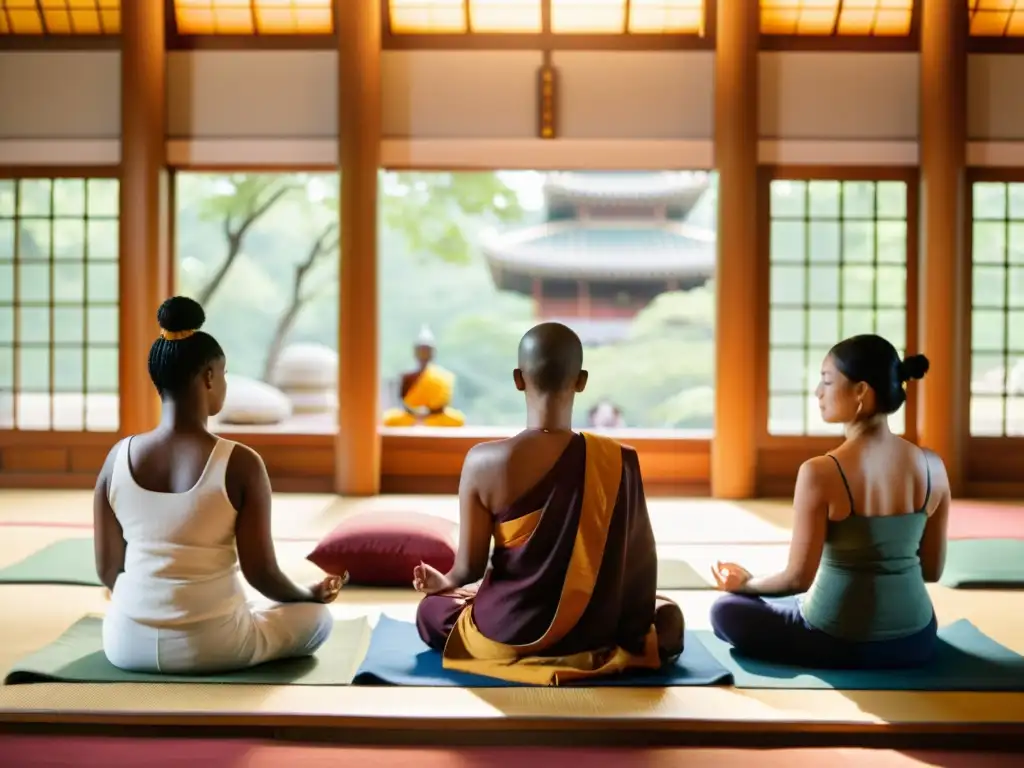 Un grupo diverso de mujeres participa en una sesión de meditación budista en un templo, reflejando el encuentro entre el budismo y el feminismo