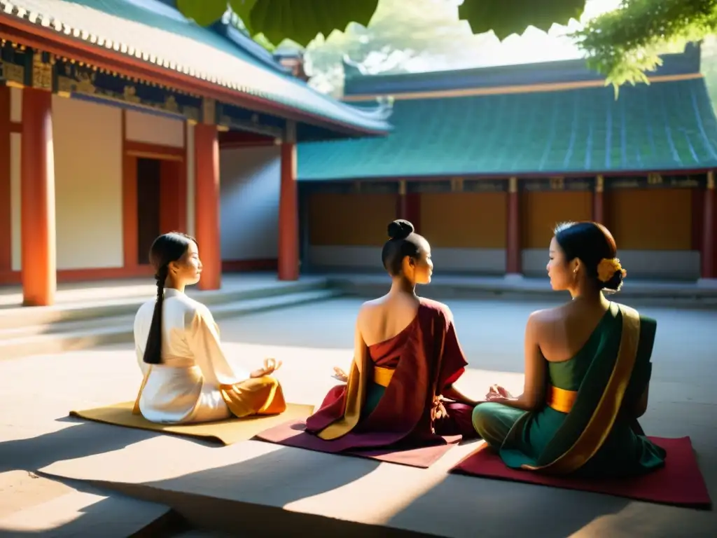 Un grupo diverso de mujeres viste túnicas tradicionales budistas y medita en un tranquilo patio de templo, con luz suave entre los árboles