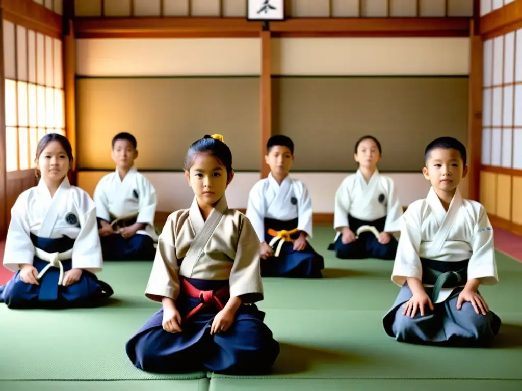 Grupo diverso de niños practicando Aikido como filosofía de paz en un dojo sereno