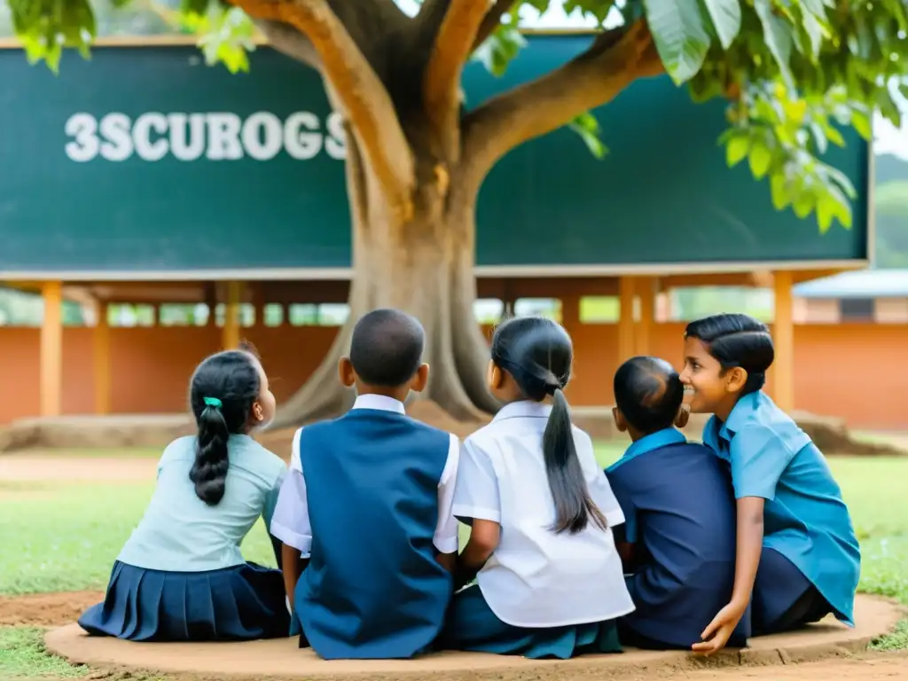 Grupo diverso de niños en escuela rural de Sri Lanka, hablando bajo un árbol mientras maestro sonríe