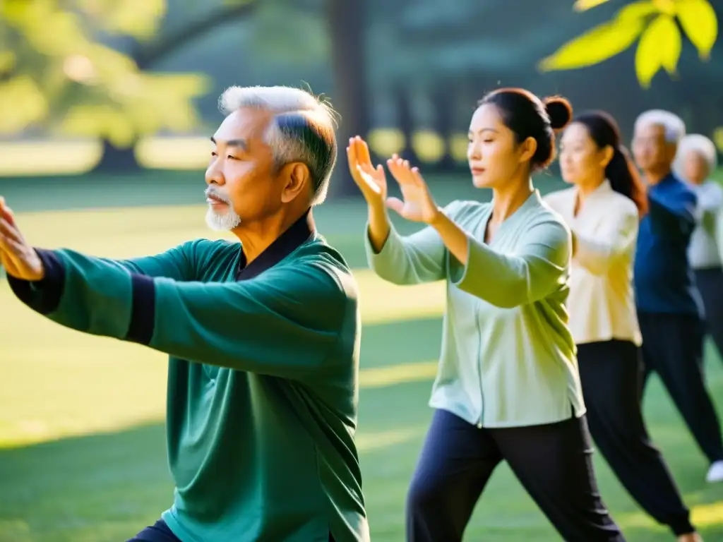 Grupo diverso practica Tai Chi al amanecer en parque, mostrando los beneficios del Tai Chi moderno en cuerpo y mente