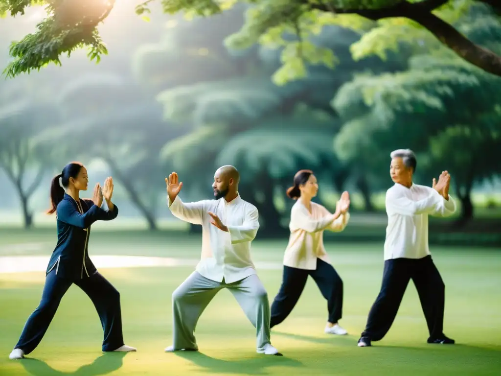 Un grupo diverso practica Tai Chi en un parque sereno, capturando la esencia de la armonía y los beneficios del Tai Chi moderno