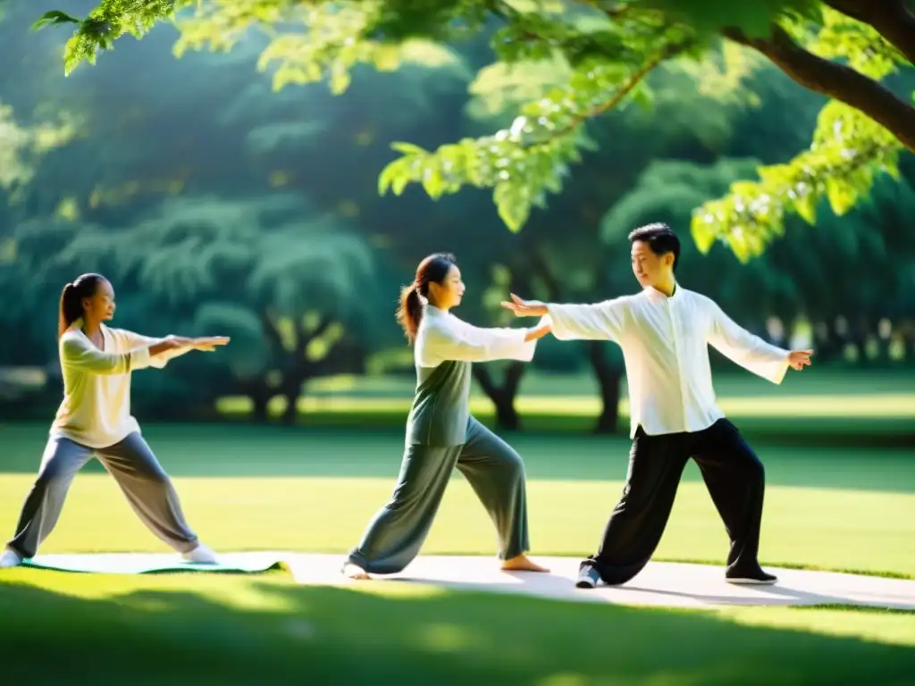 Un grupo diverso practica Tai Chi en un parque sereno y soleado, transmitiendo calma y armonía