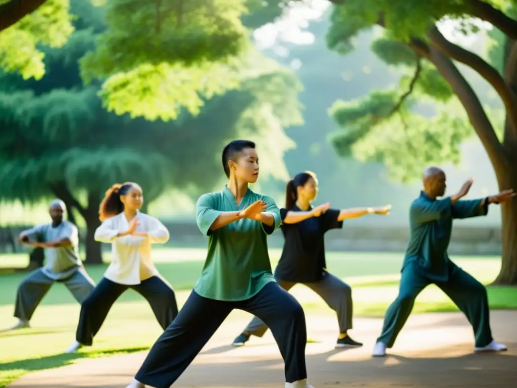 Grupo diverso practica Tai Chi en un parque tranquilo, reflejando los beneficios del Tai Chi moderno