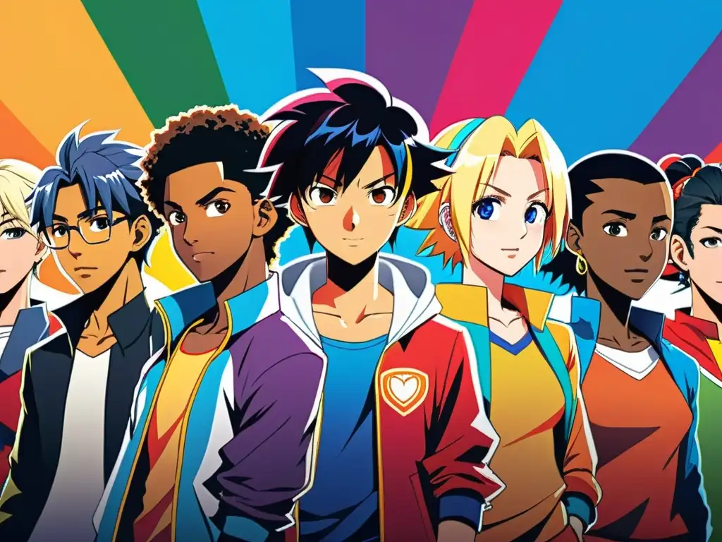 Grupo diverso de personajes animados del anime representa la inclusión y diversidad LGBT en poses emocionantes y empoderadoras