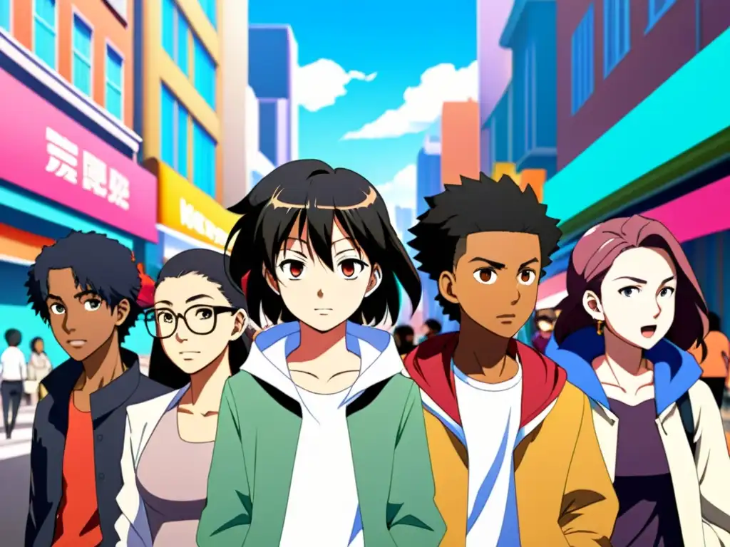 Un grupo diverso de personajes anime se reúne en una bulliciosa ciudad, representando la inclusión y la representación LGBT en el anime