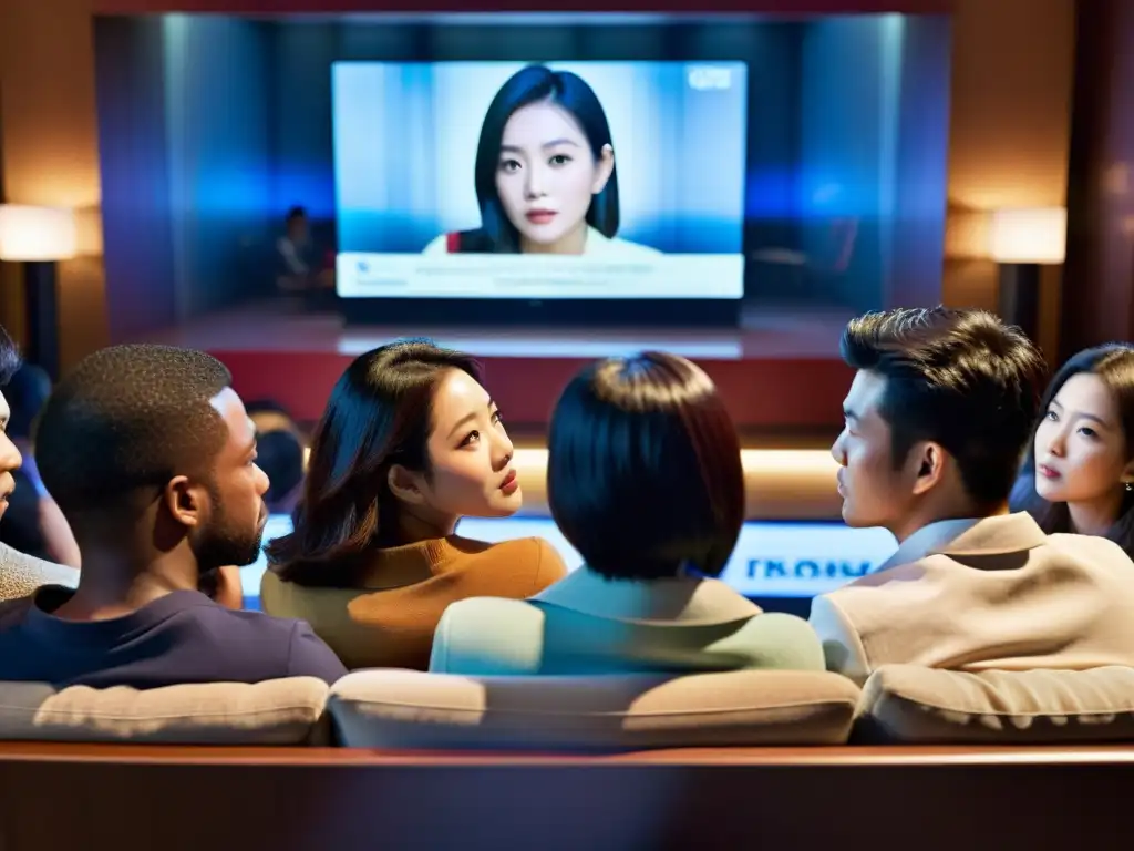 Un grupo diverso de personas cautivadas por una intensa escena de una serie asiática en la televisión