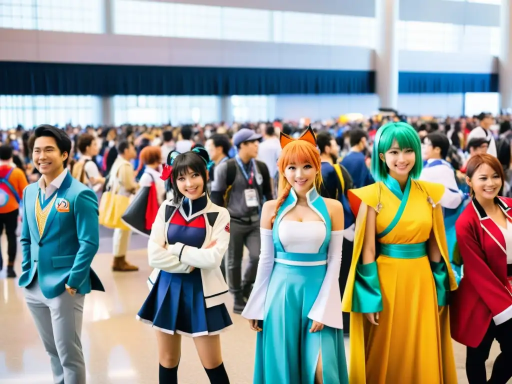 Un grupo diverso de personas se reúne en un concurrido centro de convenciones, cada uno vestido como un personaje de anime diferente