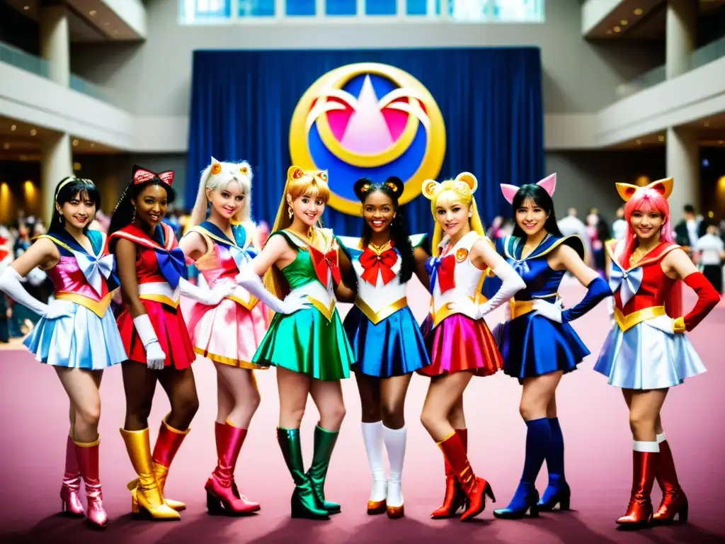 Grupo diverso de personas en cosplay de Sailor Moon, admirando la influencia cultural de Sailor Moon en convención