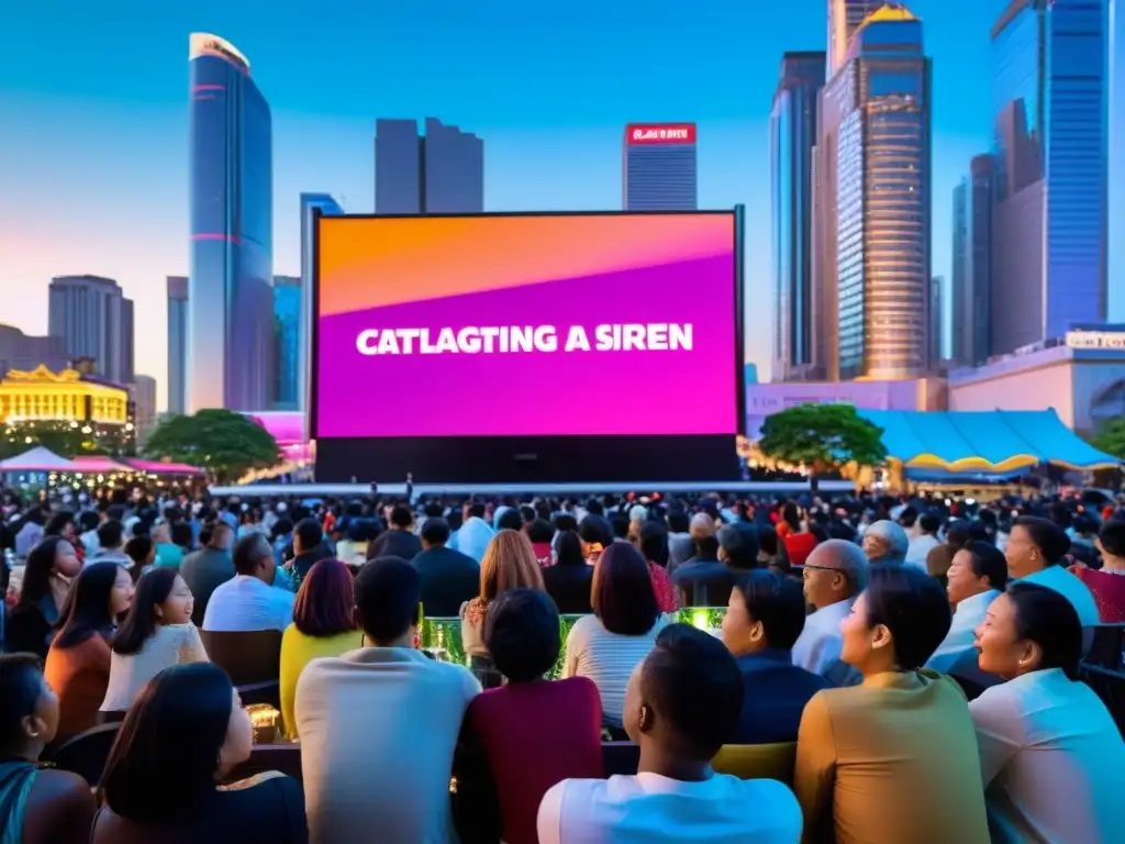 Un grupo diverso de personas se sumerge en la emoción de ver una serie asiática en una pantalla gigante al aire libre, reflejando risas y lágrimas