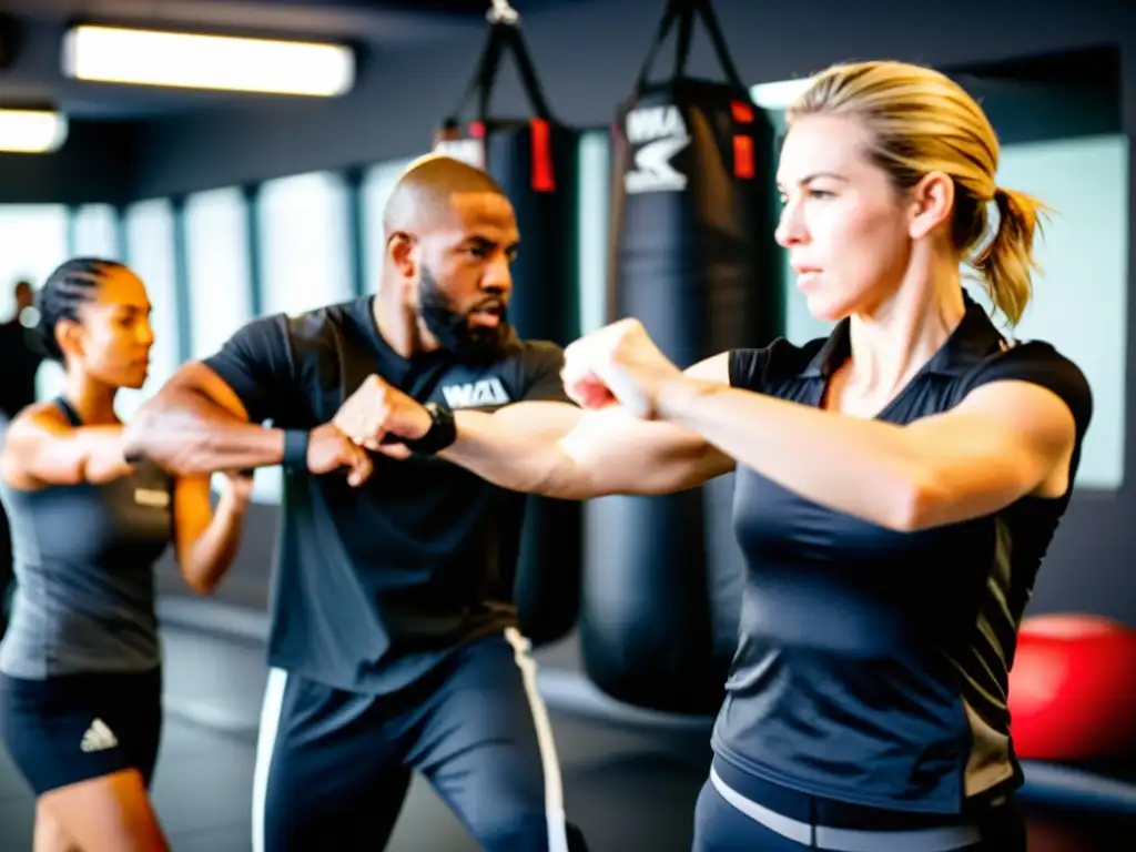 Un grupo diverso de personas practica intensamente Krav Maga en un estudio bien iluminado, reflejando determinación y empoderamiento