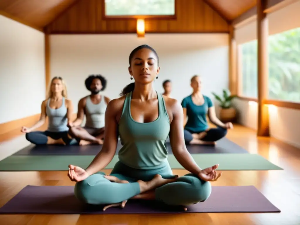 Un grupo diverso de personas practica mantras para transformar mente en un estudio de yoga sereno, creando un ambiente de paz y conexión espiritual