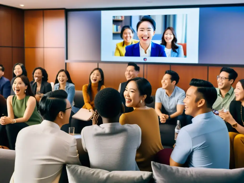 Un grupo diverso de personas de todo el mundo se reúne alrededor de una pantalla, riendo y reaccionando a una popular serie asiática en redes sociales